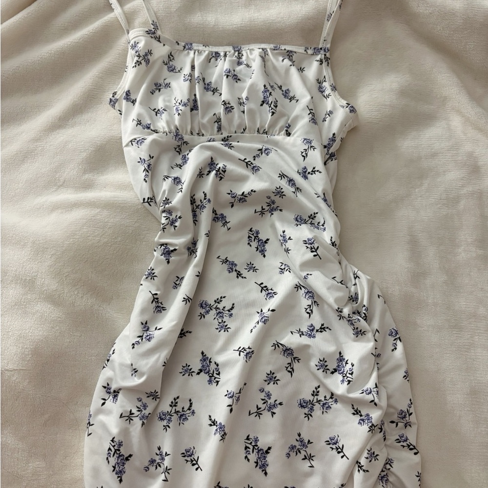 SHEIN White Dress with Blue Floral Pattern